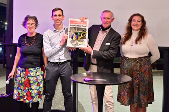 Hawkesbury Gazette owner Kooryn Sheaves (left) and mayor Les Sheather (centre right) at the 2025 relaunch.