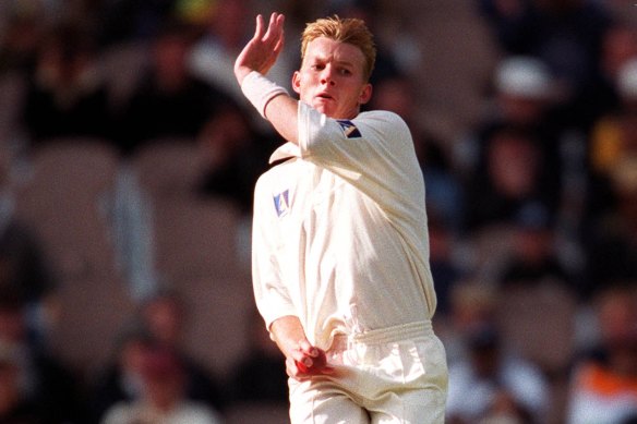 Brett Lee on day three of his debut Test, where he took a five-wicket haul against India.