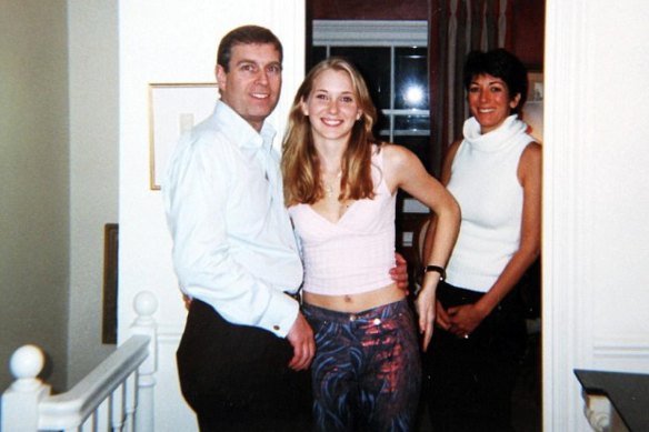 The then Prince Andrew with Virginia Roberts Giuffre in 2001 and Epstein&rsquo;s then personal assistant Ghislaine Maxwell.