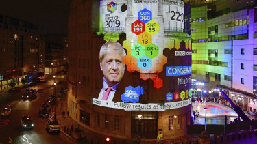 The results of the exit poll showing Boris Johnson's lead are projected onto the outside of Broadcasting House in London