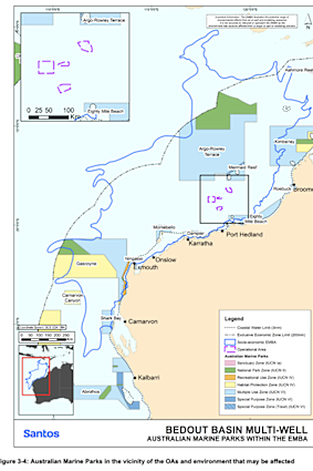 The Santos modelling showing worst-case-scenario oil spills (highlighted by the blue line).