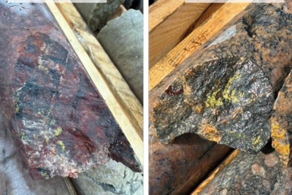 It’s a beautiful thing; spectacular yellow in drill core from Infini Resources Portland Creek uranium project in Canada.