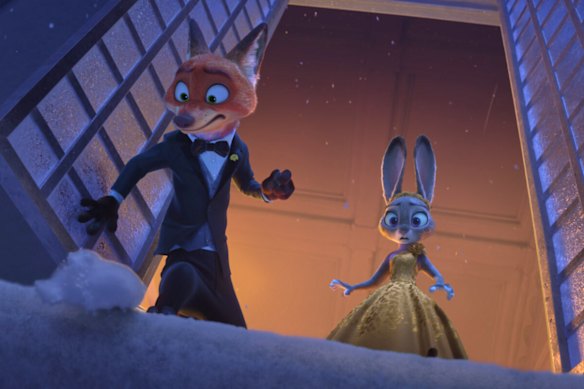 Nick Wilde, voiced by Jason Bateman, left, and Judy Hopps, voiced by Ginnifer Goodwin, in a scene from Zootopia 2.