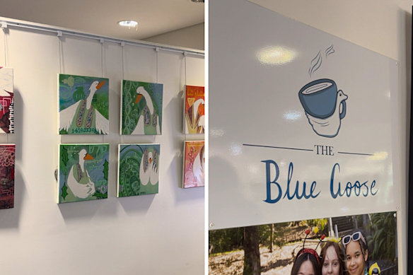 Student artwork decorates the Queensland Academy of Creative Industries, and the tuckshop name and logo design (right) were created by a student as part of their senior-year project.