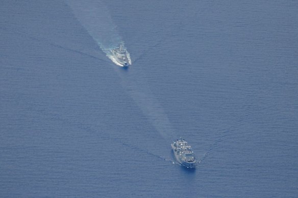 People’s Liberation Army-Navy Renhai-class cruiser Zunyi, and Fuchi-class replenishment vessel Weishanhu in the Tasman Sea.