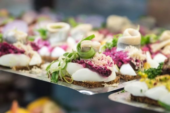 Traditional Danish Smørrebrød at Copenhagen’s Torvehallerne food market.