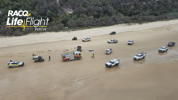 Emergency services astatine  the tract  of a fatal rollover connected  Teewah Beach, Cooloola.