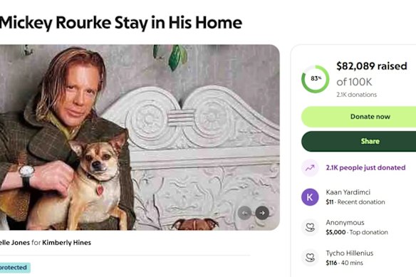 A screenshot of the GoFundMe page for Mickey Rourke.