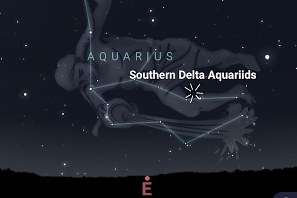 The location of the Southern Delta Aquariids radiant at about 9pm on Monday night. It will shift to the north as midnight approaches.