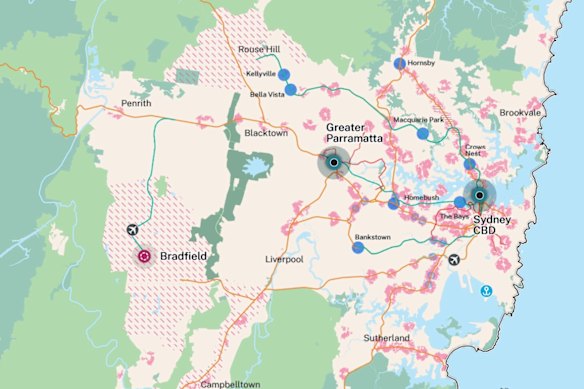 The draft Sydney Plan envisages 43 “interconnected centres” for homes, jobs and services, anchored by the established Sydney and Parramatta CBDS, as well as the emerging city of Bradfield near the future Western Sydney Airport.