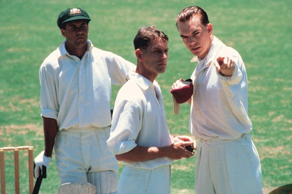 Gary Sweet as a defiant Bradman in Bodyline opposed to England paceman Harold Larwood and captain Douglas Jardine. 