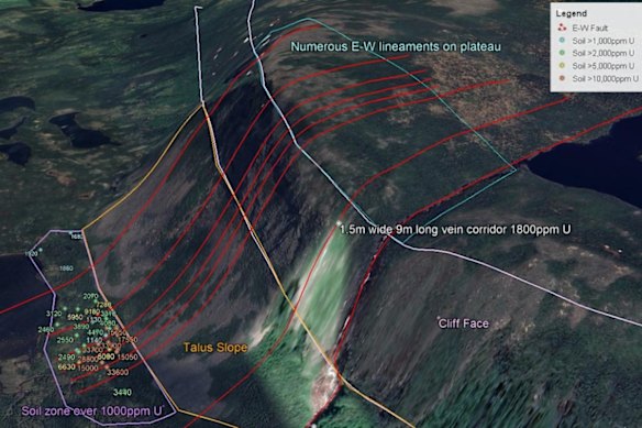 Infini Resources Portland Creek project in Newfoundland, Canada and its complex terrain at the bottom of a cliff face.