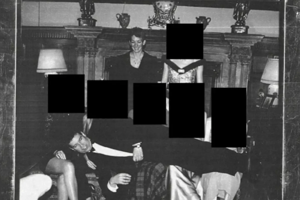 Prince Andrew – now Andrew Mountbatten-Windsor – lies across several women in a newly released photograph.