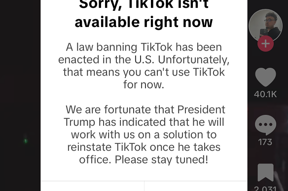 The message displayed to US TikTok users on Sunday.