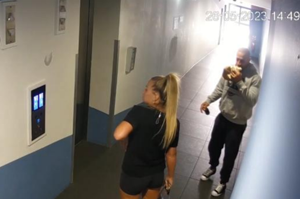 Tatiana Dokhotaru and Danny Zayat wait for the lift to her unit in the hours before she was murdered.