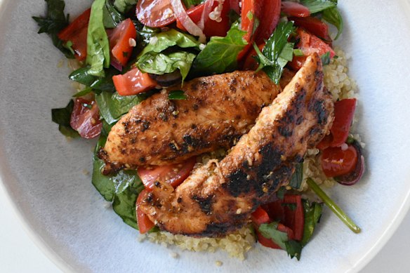 Mediterranean chicken, quinoa and fresh herby salad is light, yet satisfying.