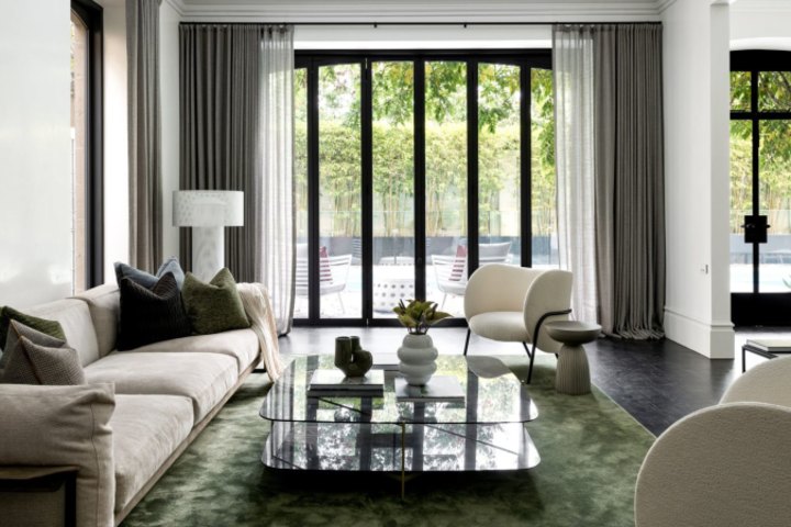Inside, there are French-style windows and doors.
