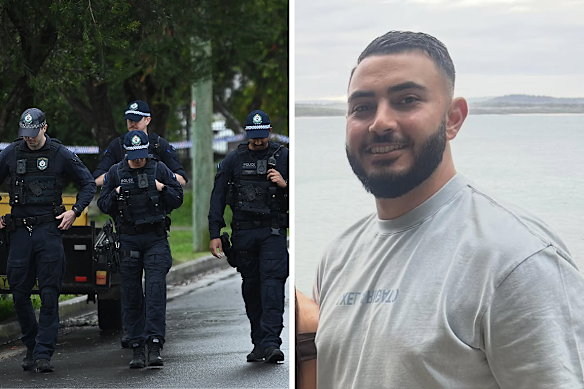 NSW Police search for evidence in Fairfield East where a burnt-out Toyota was found after the murder of John Versace (right) in Condell Park.
