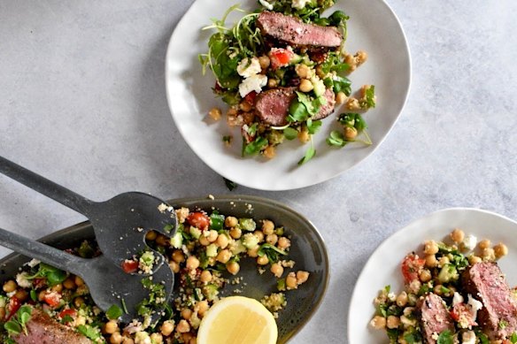 Gently spiced lamb and a herb-strewn grain salad make a healthy and satisfying meal.