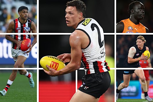 Marcus Windhager’s future at St Kilda remains uncertain after the Saints retained Nasiah Wanganeen-Milera (left) as they prepare to bring in Leek Aleer and Tom De Koning (both right)