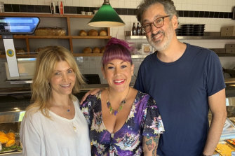Maria Lewis (centre) with the film's writer-director team Deborah Kaplan and Harry Elfont.