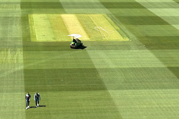 Steve Smith and Alex Carey take a look at the Optus Stadium pitch, four days out from the first Ashes Test.