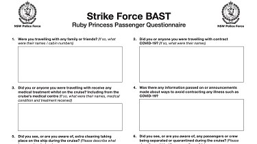 More than 5000 passengers who travelled on the past two  Ruby Princess cruise ship voyages were provided with this questionnaire.