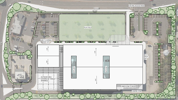 Suburban Future modelling suggested converting carparks into green space for a converted Bunnings Warehouse school design.