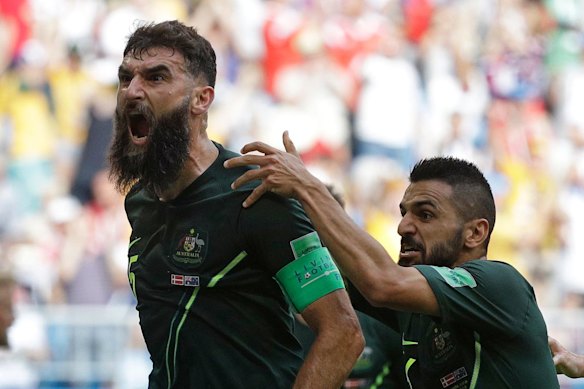 Mile Jedinak celebrates scoring his side’s opening goal against Denmark at the 2018 World Cup.