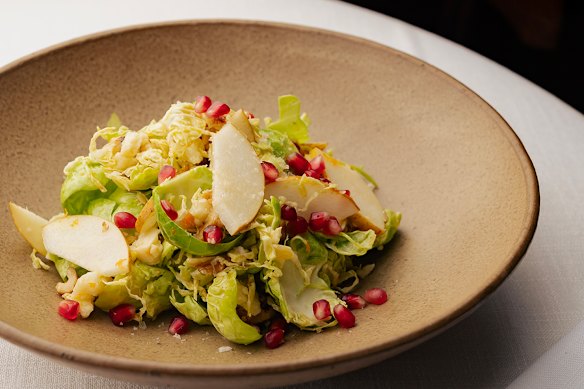 Brussels sprouts salad with pear, walnut and Pecorino di Fossa – an Italian cheese aged in underground pits.