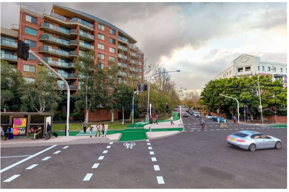 An artist’s impression of a new road crossing and connected bike path at Sydney Park Junction, published in March 2022, which are now in jeopardy.