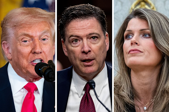 US President Donald Trump, former FBI director James Comey and US Attorney Lindsey Halligan.