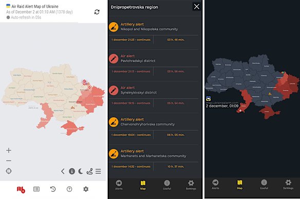 Composite of screenshots from app showing air-raid alerts in Ukraine
