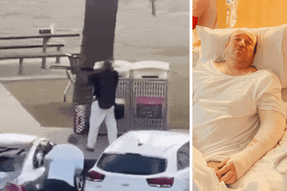 Ahmed al Ahmed tackles gunman Sajid Akram at Bondi last Sunday; and Ahmed in hospital, recovering from gunshot wounds that followed his bravery.