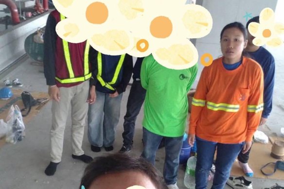 Athitaya Yuenyao, 22, with her team of electricians on the day of the earthquake.