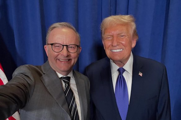 Prime Minister Anthony Albanese marks finally meeting US President Donald Trump with a selfie.