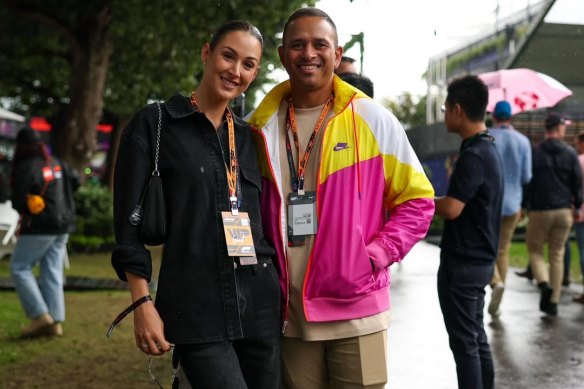 Usman Khawaja and wife Rachel at the Australian Formula 1 Grand Prix on Sunday.