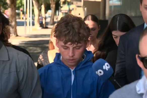 Brodie Dewar leaves court after a previous appearance in December.