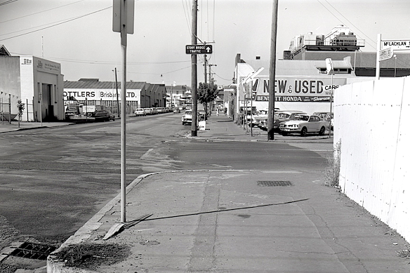 The corner of Fortitude Valley’s James and McLachlan streets in the 1980s, where a strip of luxury shops and restaurants now begins.