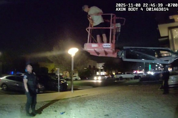 Moore atop a boom lift in Scottsdale, Arizona.
