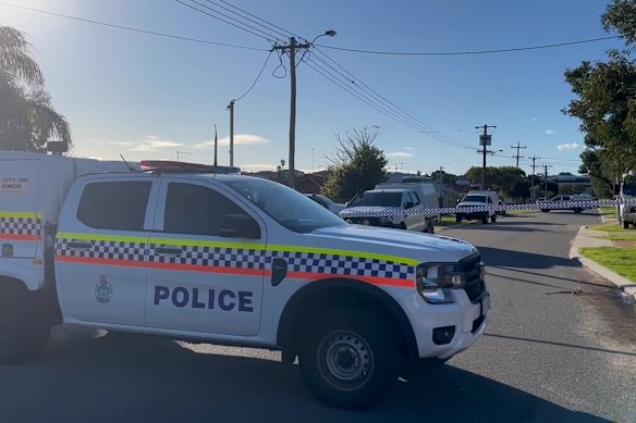 Police at the scene in Balcatta, where a baby was found dead on Monday morning.