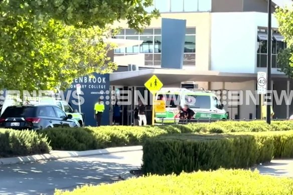 Emergency services at the scene of a stabbing at Ellenbrook Secondary College on Monday.
