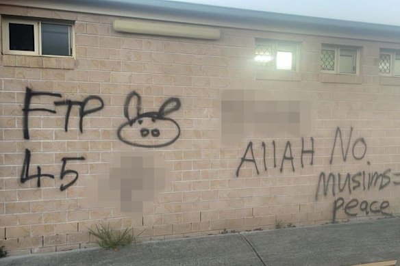 Graffiti on the wall of a mosque in Bald Hills.