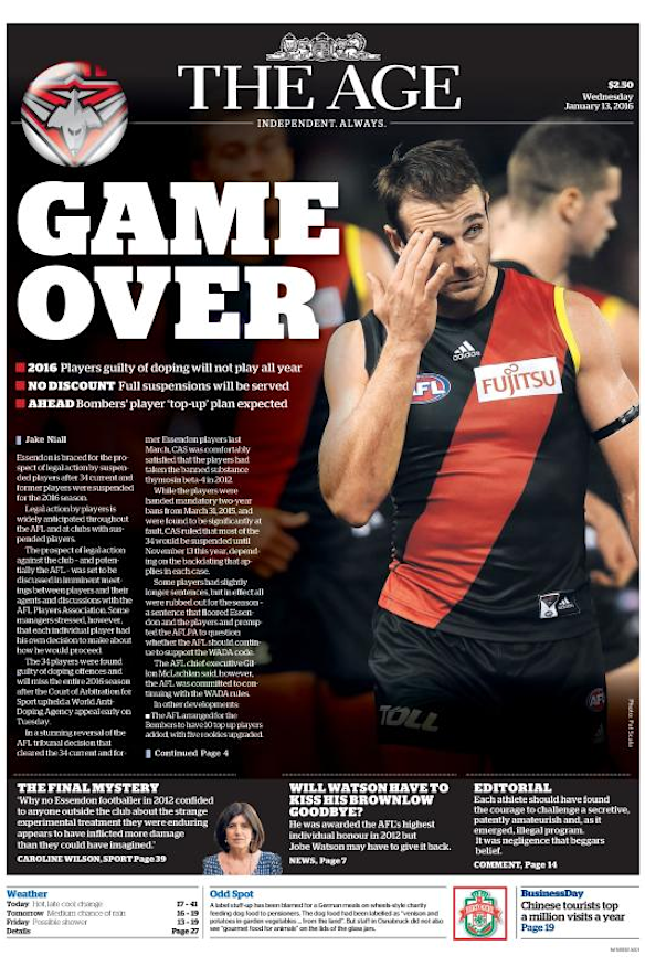 The Age’s front page on January 13, 2016.