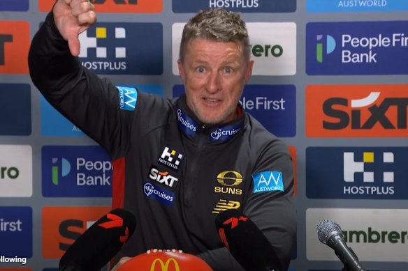 Damien Hardwick shows his displeasure with umpiring after Gold Coast’s loss to Geelong.
