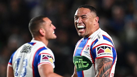 Tyson Frizell and the Knights celebrate a stunning win in Auckland. But it came amid plenty of controversy.
