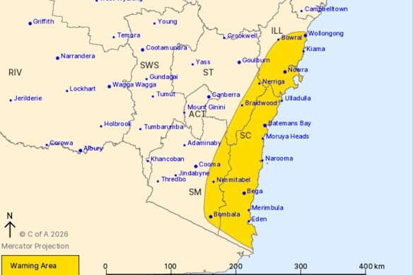 A severe weather warning for the NSW South Coast on Friday.