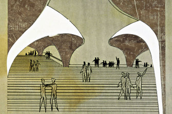 Le dessin du concours pour l'escalier de l'opéra entre les deux salles, soumis par Jorn Utzon en 1956.