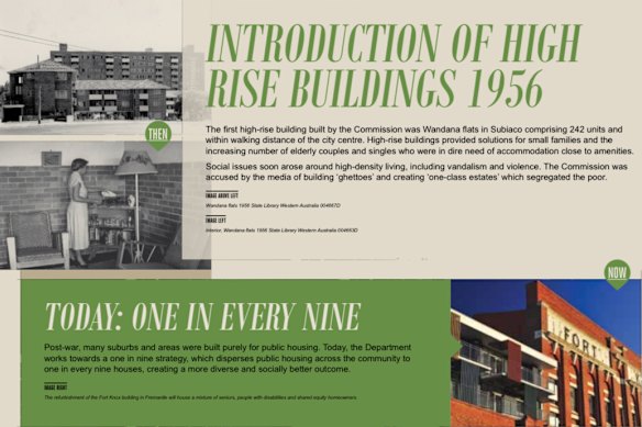 A snippet from the Department of Housing’s centenary celebrations display promoting its 1 in every 9 strategy as a lesson learnt from previous mistakes. 