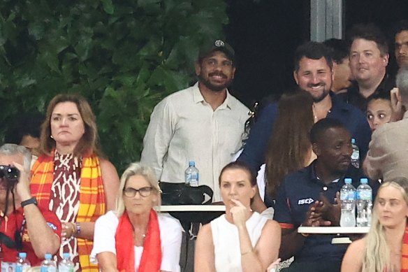 Rioli (centre) watched on at TIO Stadium in Darwin as the Suns took on the Hawks.